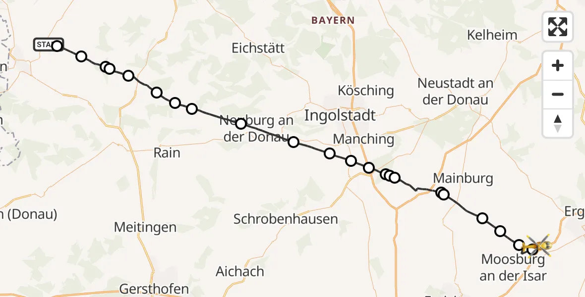 Flugroute Rettungshubschrauber Nördlingen - Bruckberg, 24 Juli 2026, 12:10