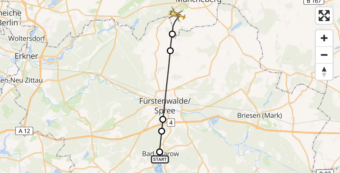 Flugroute Rettungshubschrauber Bad Saarow Hospital - Müncheberg-Eggersdorf Flugplatz, 24 Juli 2026, 12:18