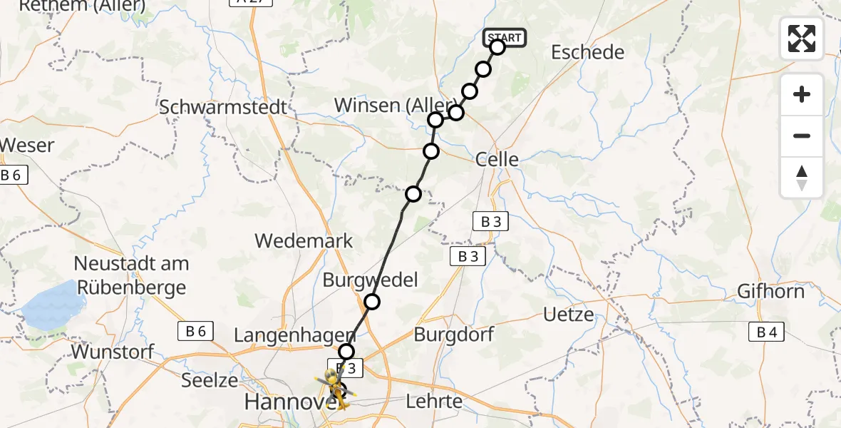 Flugroute Rettungshubschrauber Südheide - Hannover Luftrettung Hubschrauberlandeplatz (Christoph 4), 24 Juli 2026, 12:20
