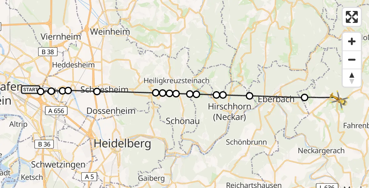Flugroute Rettungshubschrauber Mannheim-City Flughafen - Waldbrunn, 24 Juli 2026, 12:20