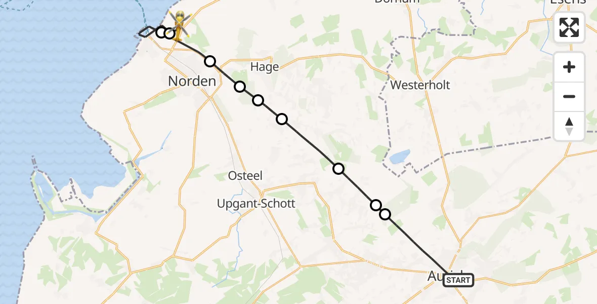 Flugroute Ambulanzhubschrauber Aurich - Norden, 24 Juli 2026, 12:25