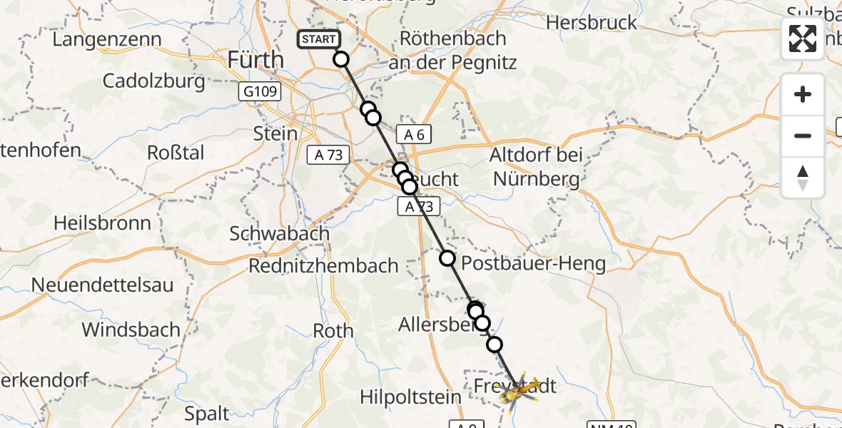 Flugroute Ambulanzhubschrauber Flughafen Nuremberg - Freystadt, 24 Juli 2026, 12:28