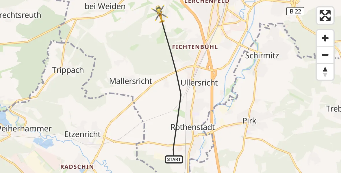 Flugroute Ambulanzhubschrauber Weiden i.d.OPf. - Weiden i.d.OPf., 24 Juli 2026, 12:28