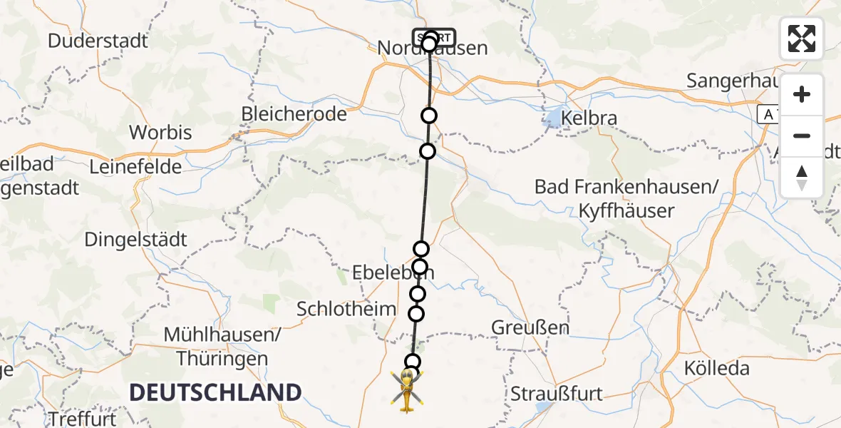 Flugroute Rettungshubschrauber Südharz Hospital Nordhausen - Tottleben, 24 Juli 2026, 12:29