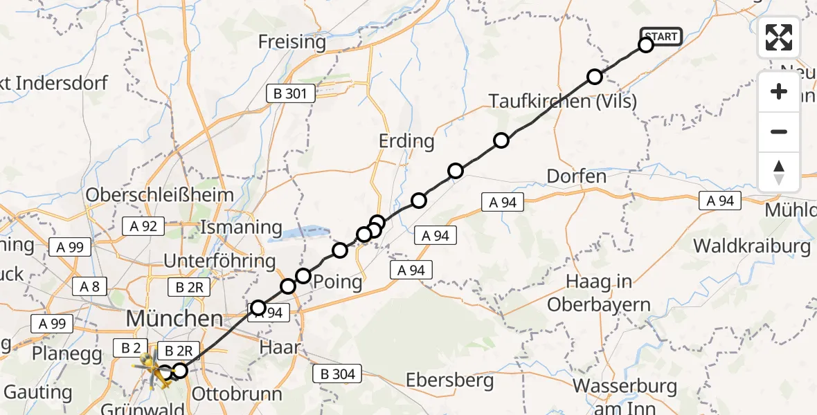 Flugroute Rettungshubschrauber Velden - München, 24 Juli 2026, 12:30