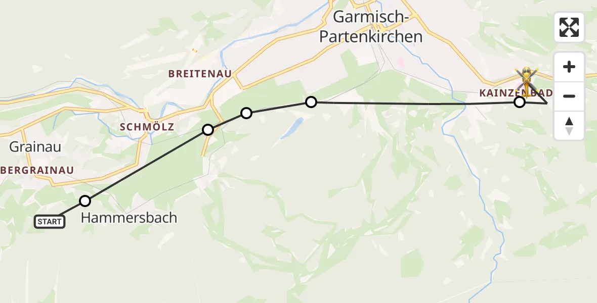 Flugroute Rettungshubschrauber Brandweg Hubschrauberlandeplatz - Garmisch-Partenkirchen Clinic Hubschrauberlandeplatz, 24 Juli 2026, 12:32