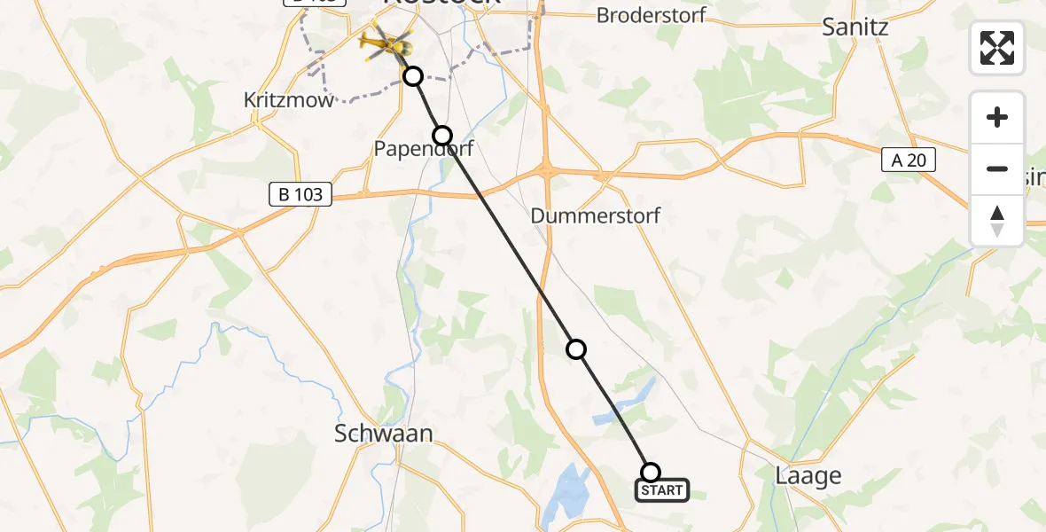 Flugroute Rettungshubschrauber Flughafen Rostock-Laage - Rostock, 24 Juli 2026, 12:32
