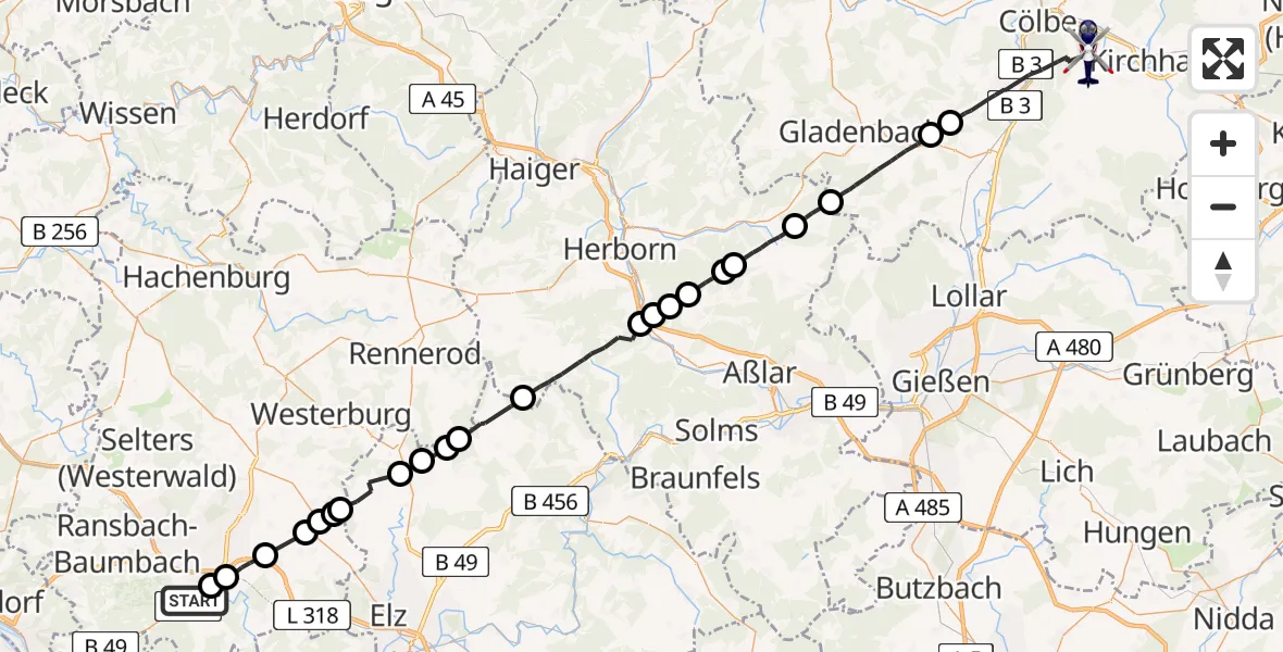 Flugroute Polizeihubschrauber Montabaur - Kirchhain, 24 Juli 2026, 12:35