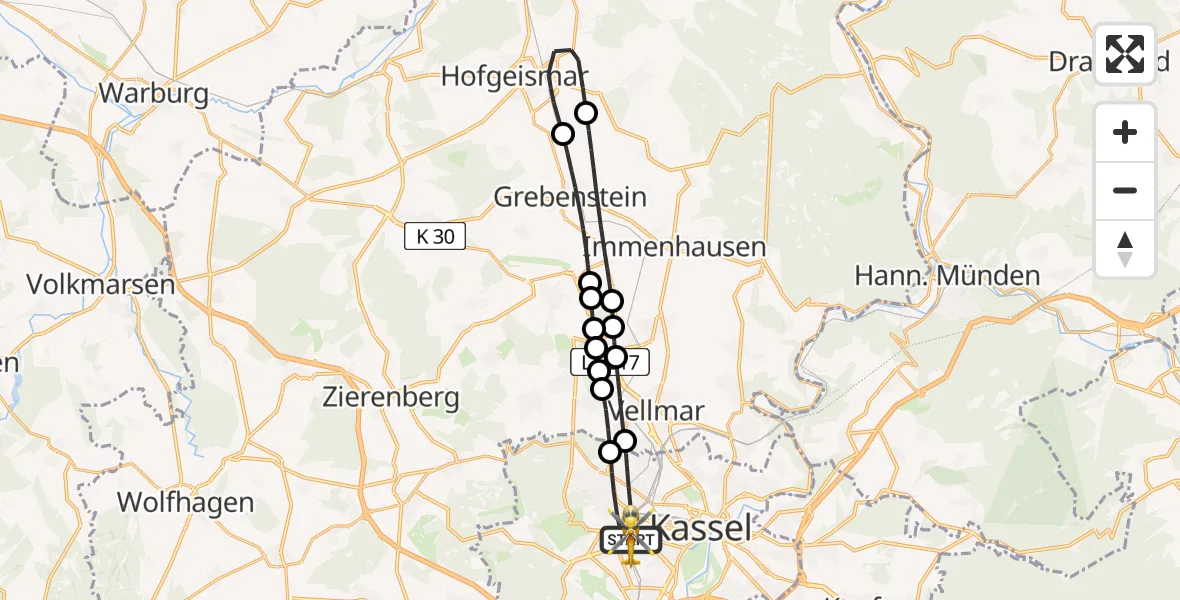 Flugroute Rettungshubschrauber Kassel - Kassel, 24 Juli 2026, 12:36