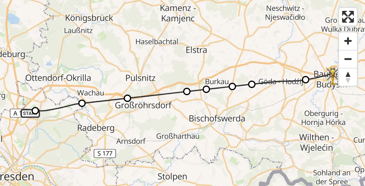 Flugroute Rettungshubschrauber Dresden Bundespolizei Hubschrauberlandeplatz - Bautzen, 24 Juli 2026, 12:37