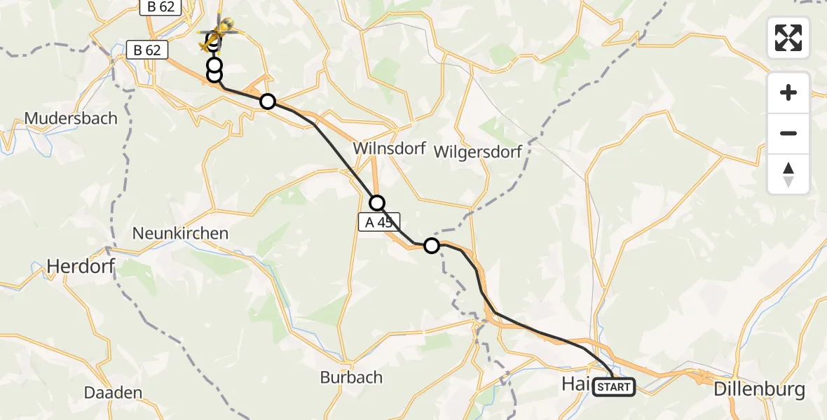 Flugroute Rettungshubschrauber Haiger - Evangelisches Jung-Stilling Hospital, 24 Juli 2026, 12:37