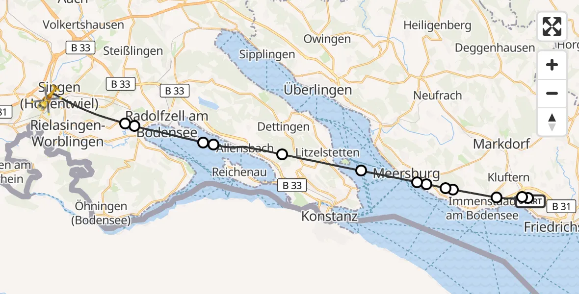 Flugroute Rettungshubschrauber Friedrichshafen Hospital - Singen (Hohentwiel), 24 Juli 2026, 12:40