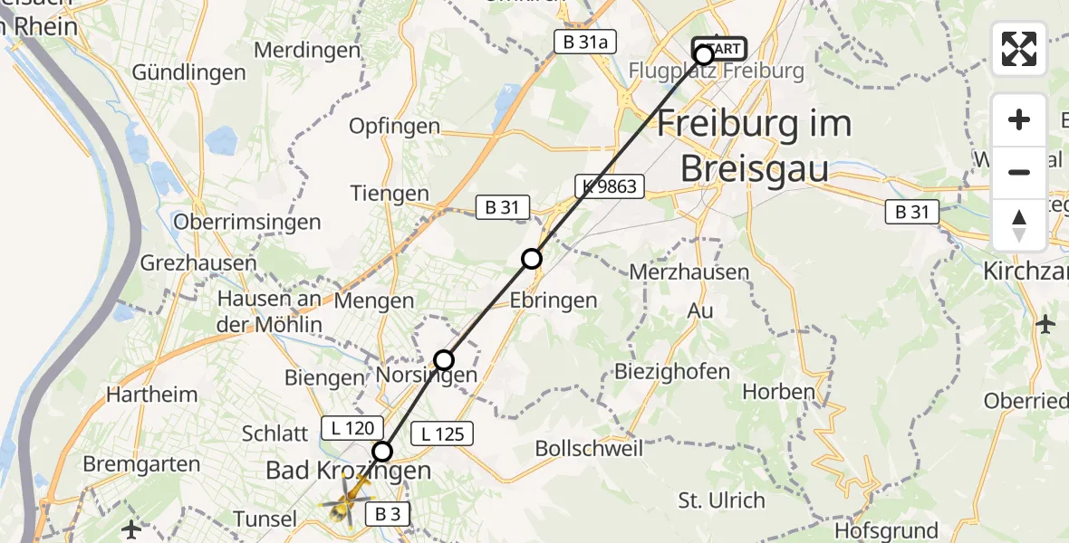 Flugroute Ambulanzhubschrauber Freiburg im Breisgau Flugplatz - Bad Krozingen, 24 Juli 2026, 12:41