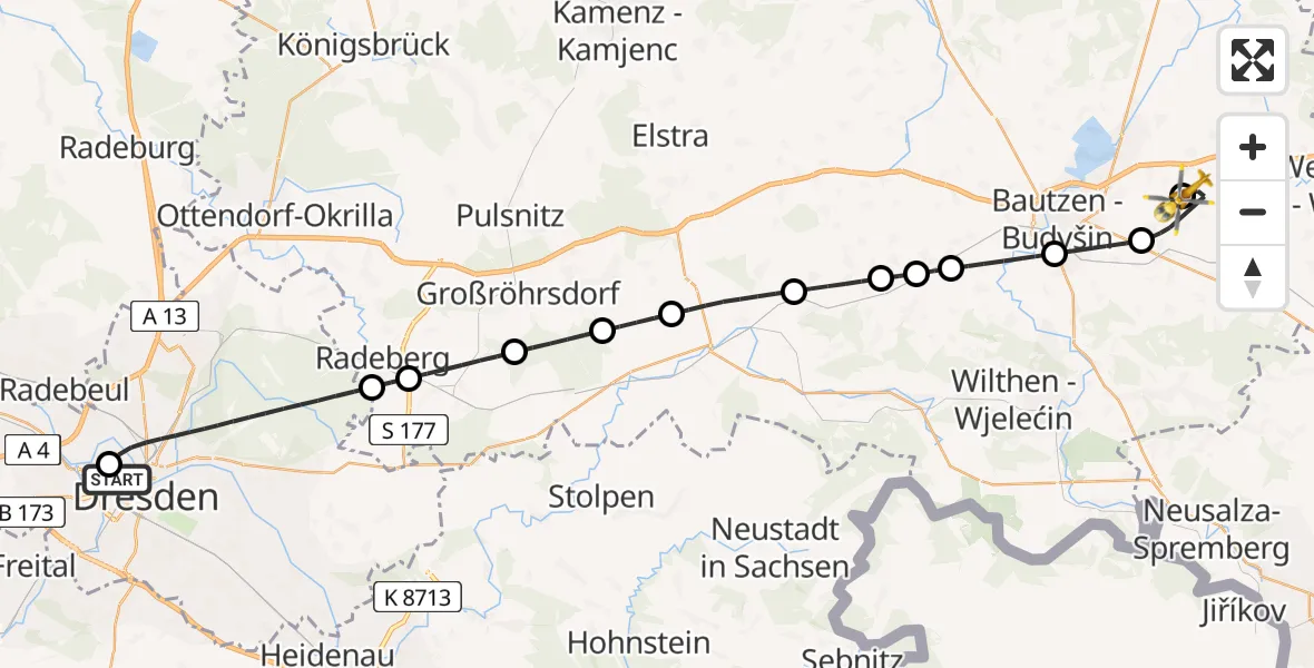 Flugroute Rettungshubschrauber Dresden Friedrichstadt Hospital - Bautzen Flugplatz, 24 Juli 2026, 12:43