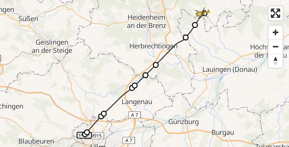 Flugroute Rettungshubschrauber Ulm Military Hospital Emergency - Dischingen, 24 Juli 2026, 12:47