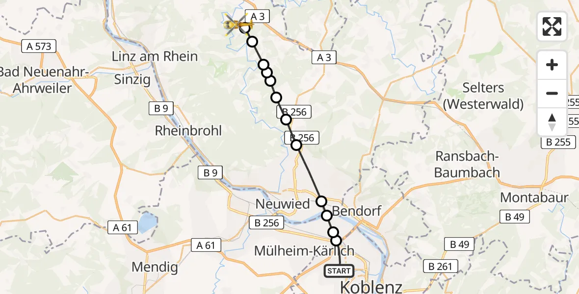 Flugroute Rettungshubschrauber Koblenz - Neustadt (Wied), 24 Juli 2026, 12:48