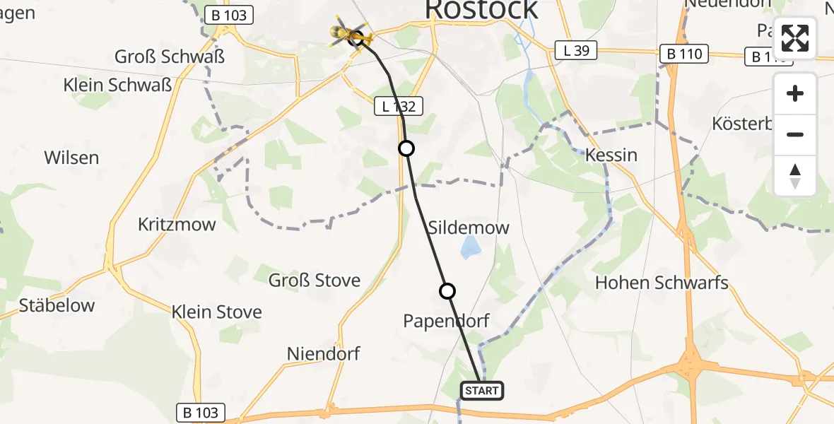 Flugroute Rettungshubschrauber Dummerstorf - Rostock University Hubschrauberlandeplatz, 24 Juli 2026, 12:52