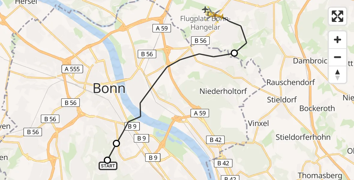 Flugroute Ambulanzhubschrauber Bonn University Hospital - Sankt Augustin, 24 Juli 2026, 12:52