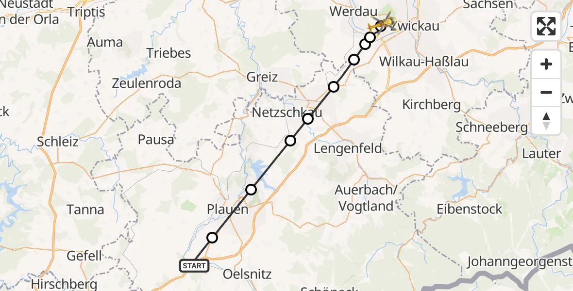 Flugroute Rettungshubschrauber Weischlitz - ADAC Air Rescue Station Zwickau Hubschrauberlandeplatz, 24 Juli 2026, 12:54