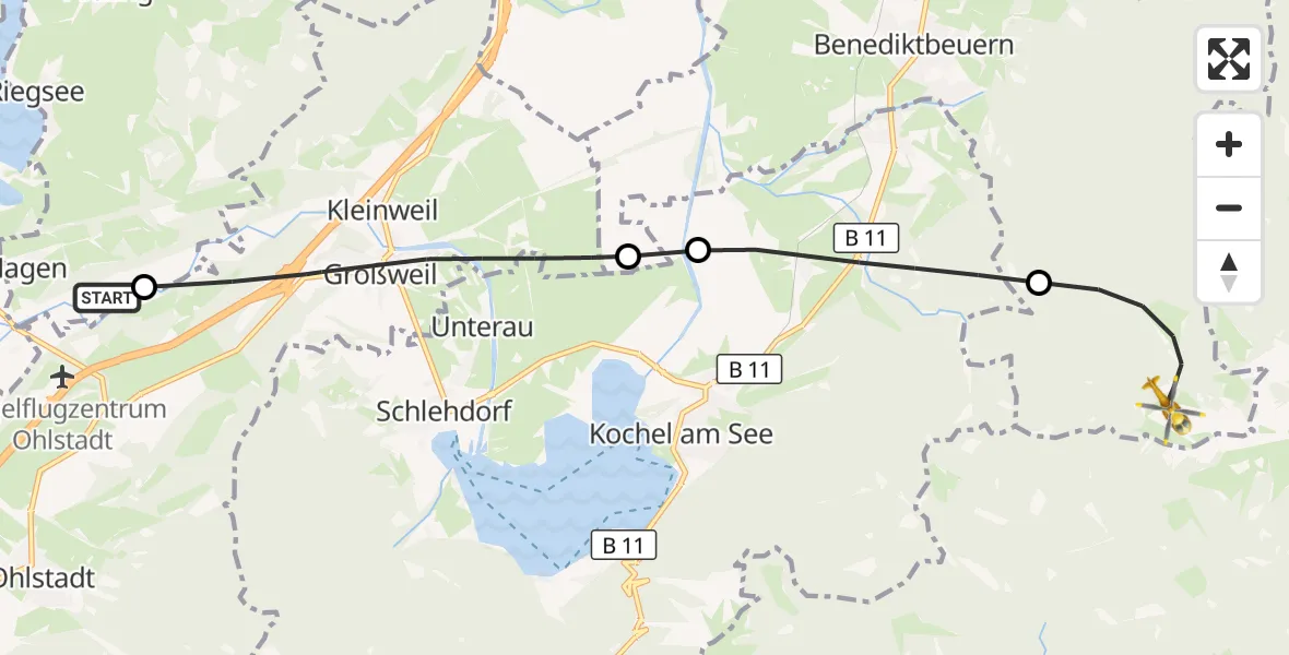 Flugroute Rettungshubschrauber Riegsee - Benediktbeuern, 24 Juli 2026, 12:56