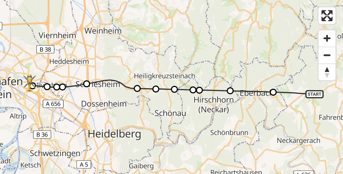 Flugroute Rettungshubschrauber Waldbrunn - Mannheim-City Flughafen, 24 Juli 2026, 12:56