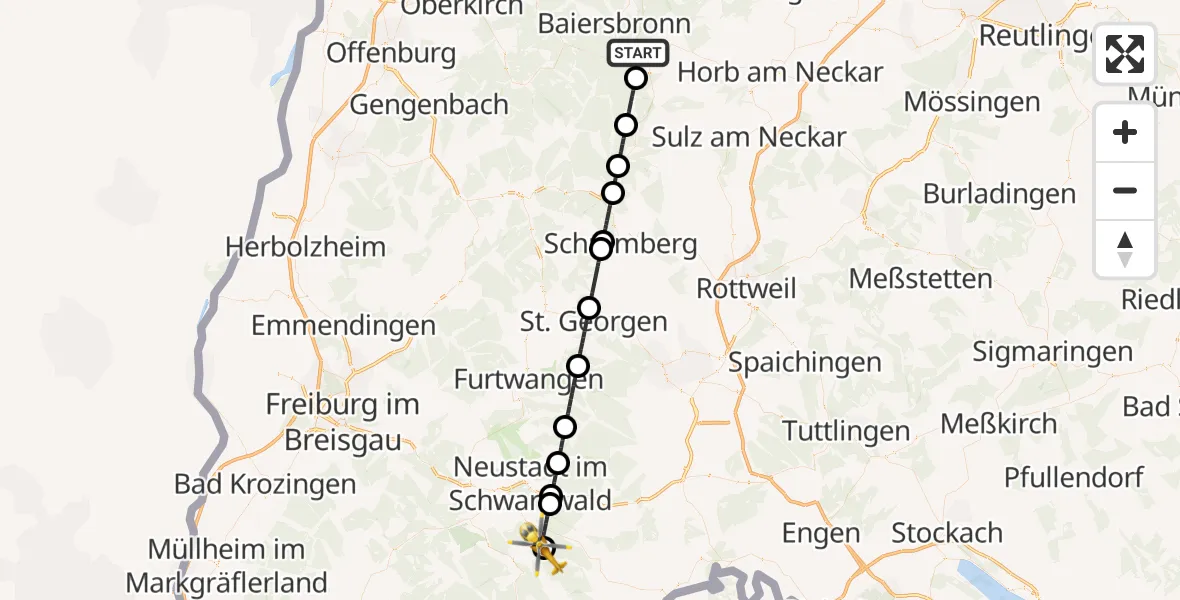 Flugroute Rettungshubschrauber Freudenstadt - Bonndorf im Schwarzwald, 24 Juli 2026, 13:00
