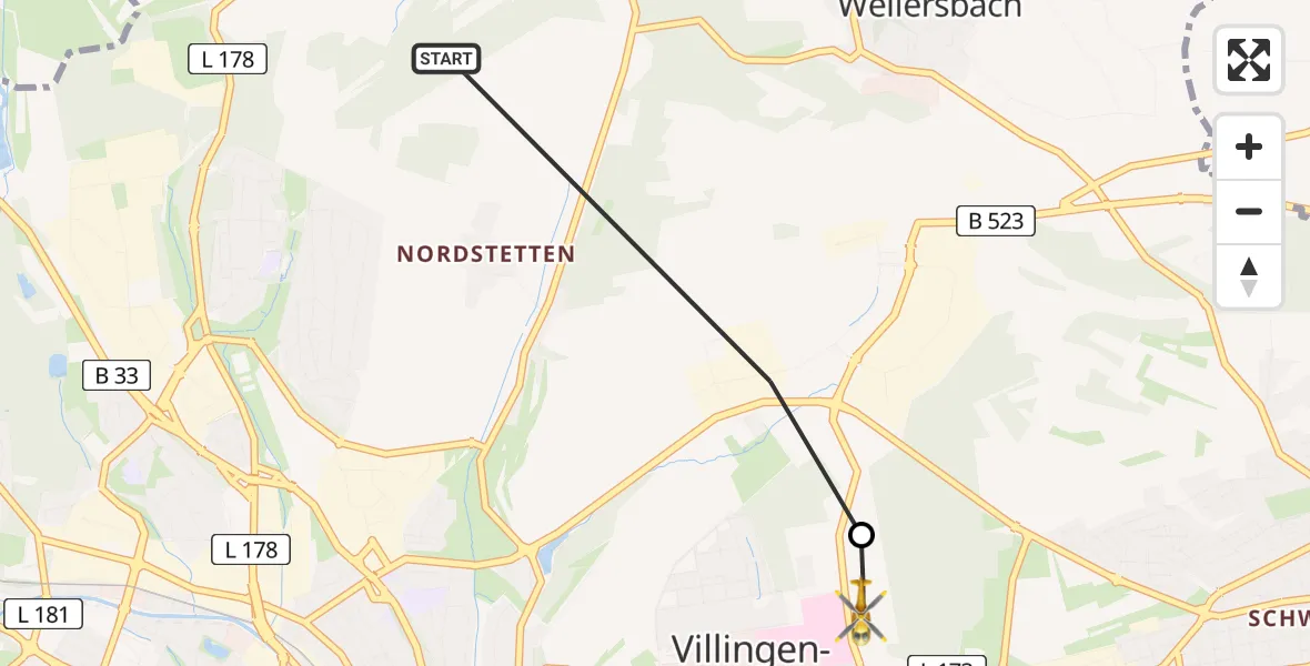 Flugroute Ambulanzhubschrauber Villingen-Schwenningen - DRF Air Rescue Station Villingen-Schwenningen Hubschrauberlandeplatz (Christoph 11), 24 Juli 2026, 13:01
