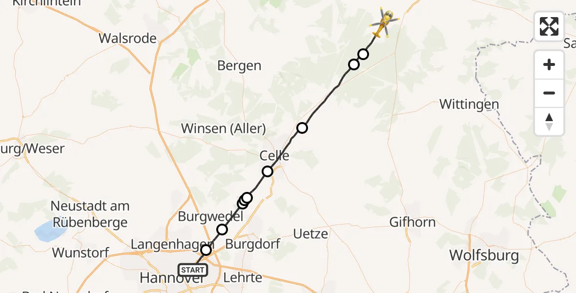 Flugroute Rettungshubschrauber Hannover - Suderburg, 24 Juli 2026, 13:02