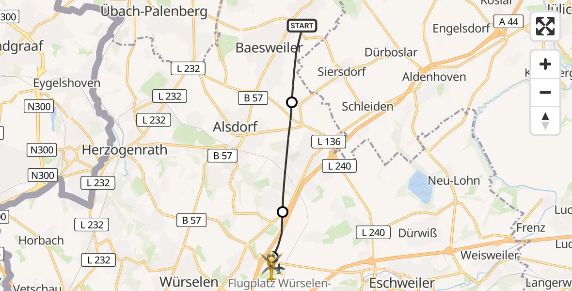 Flugroute Rettungshubschrauber Baesweiler - Aachen-Merzbrück Flughafen, 24 Juli 2026, 13:03