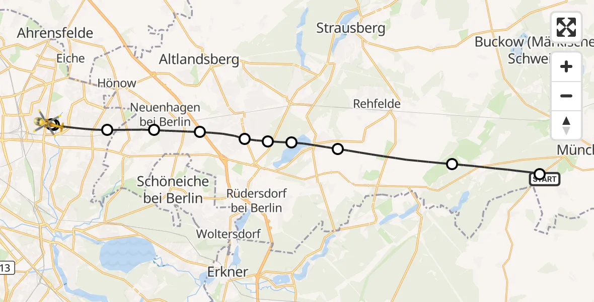 Flugroute Rettungshubschrauber Müncheberg-Eggersdorf Flugplatz - Berlin Emergency Hospital, 24 Juli 2026, 13:06