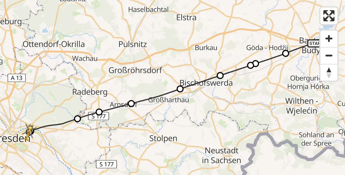 Flugroute Rettungshubschrauber Bautzen - Dresden University Hospital, 24 Juli 2026, 13:08