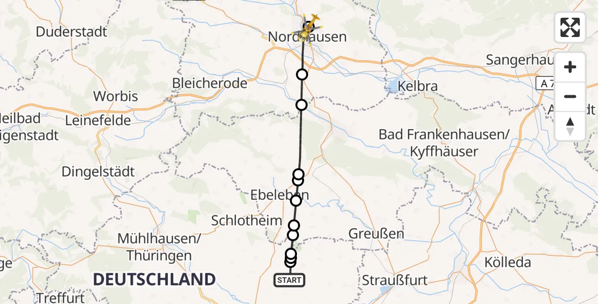 Flugroute Rettungshubschrauber Tottleben - Südharz Hospital Nordhausen, 24 Juli 2026, 13:08