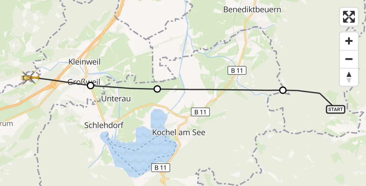 Flugroute Rettungshubschrauber Benediktbeuern - Großweil, 24 Juli 2026, 13:13
