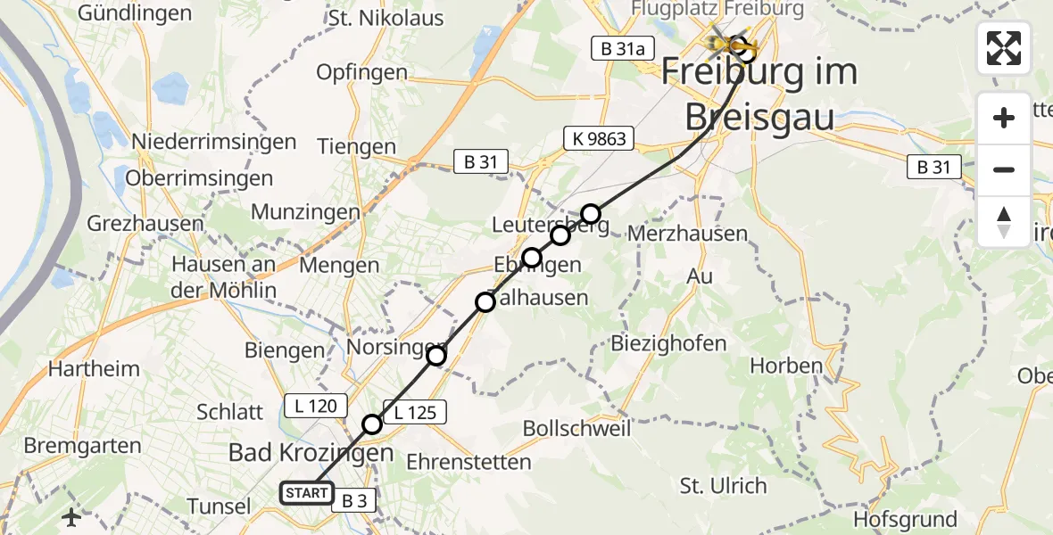 Flugroute Ambulanzhubschrauber Bad Krozingen - Freiburg University Hospital Heliport 2, 24 Juli 2026, 13:16