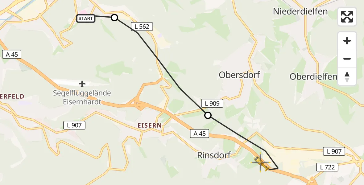 Flugroute Rettungshubschrauber Evangelisches Jung-Stilling Hospital - Wilnsdorf, 24 Juli 2026, 13:19