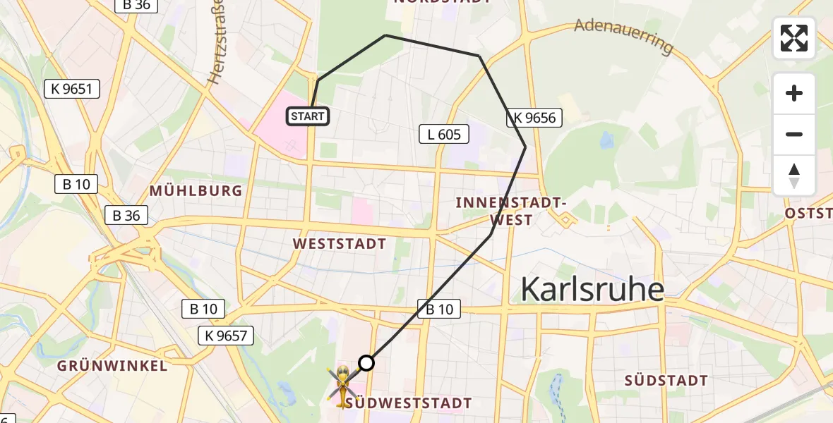 Flugroute Ambulanzhubschrauber Karlsruhe - Sankt Vincentius Hospital, 24 Juli 2026, 13:20