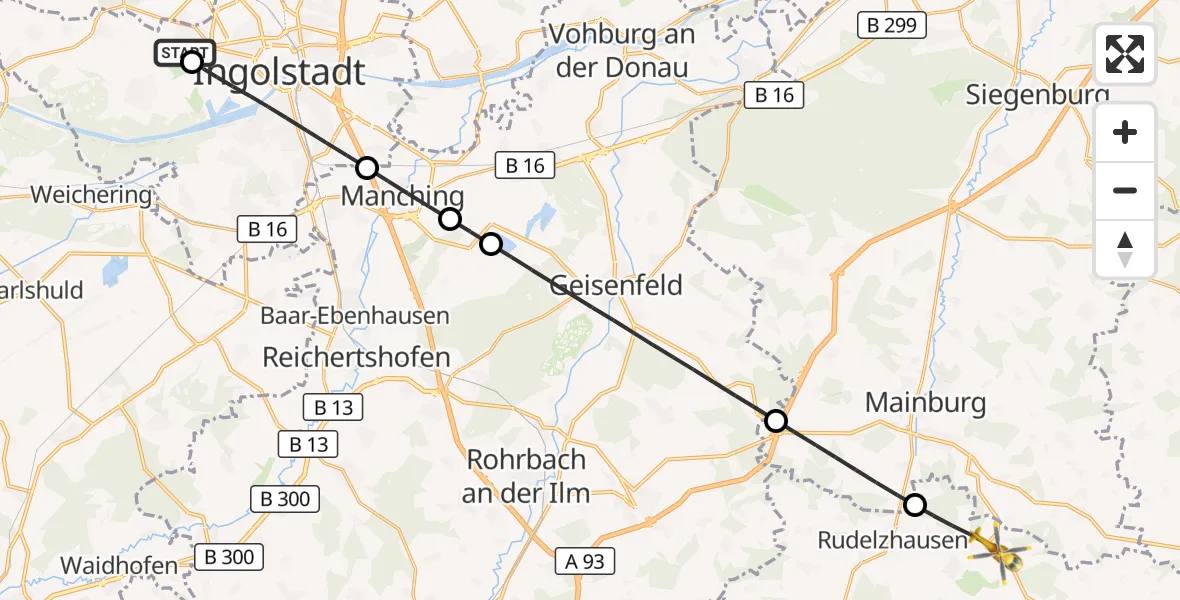 Flugroute Rettungshubschrauber Ingolstadt Hospital - Rudelzhausen, 24 Juli 2026, 13:22