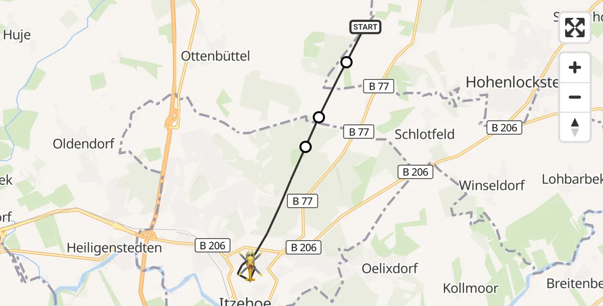 Flugroute Rettungshubschrauber Hohenaspe - Itzehoe, 24 Juli 2026, 13:22