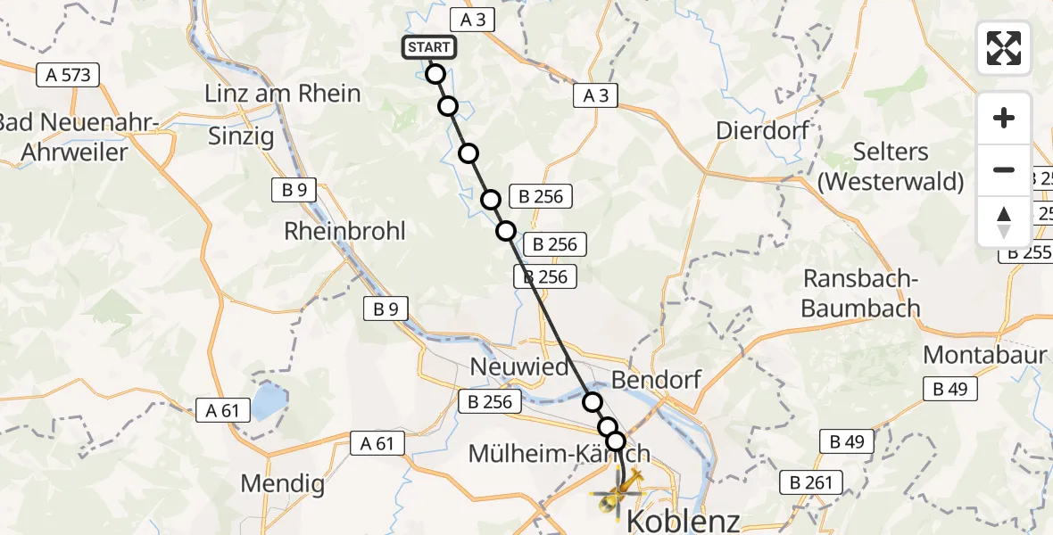 Flugroute Rettungshubschrauber Neustadt (Wied) - Koblenz, 24 Juli 2026, 13:26