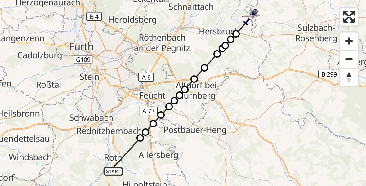 Flugroute Polizeihubschrauber Roth - Pommelsbrunn, 24 Juli 2026, 13:30