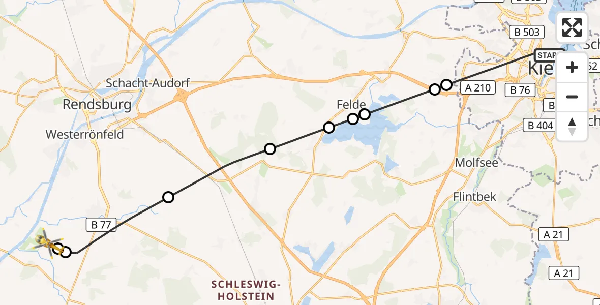 Flugroute Ambulanzhubschrauber Kiel - Hörsten, 24 Juli 2026, 13:30