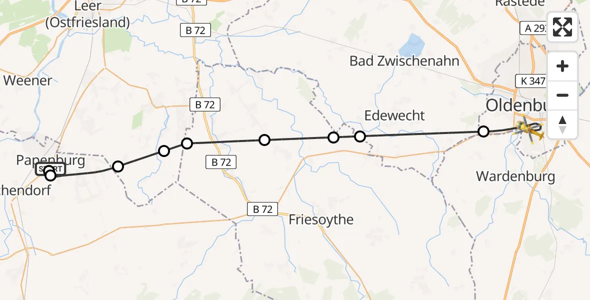 Flugroute Rettungshubschrauber Marien Hospital Papenberg Aschendorf - Oldenburg (Oldb), 24 Juli 2026, 13:32