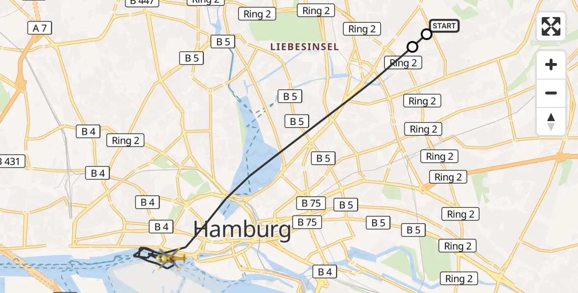 Flugroute Rettungshubschrauber Hamburg Military Hospital - Hamburg, 24 Juli 2026, 13:34
