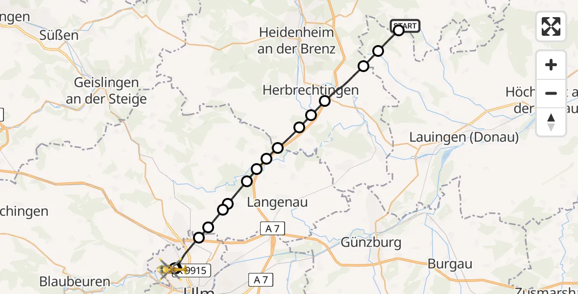 Flugroute Rettungshubschrauber Dischingen - Ulm Military Hospital Emergency, 24 Juli 2026, 13:36