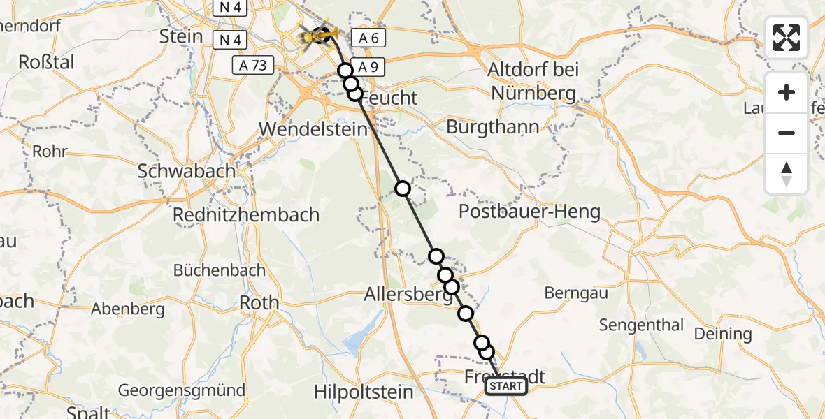 Flugroute Ambulanzhubschrauber Freystadt - Nürnberg South Hospital, 24 Juli 2026, 13:37