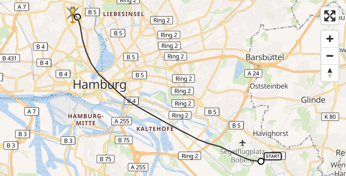 Flugroute Ambulanzhubschrauber Christoph Hansa ADAC Hubschrauberlandeplatz - Universitätsklinikum Hamburg-Eppendorf Hubschrauberlandeplatz, 24 Juli 2026, 13:40