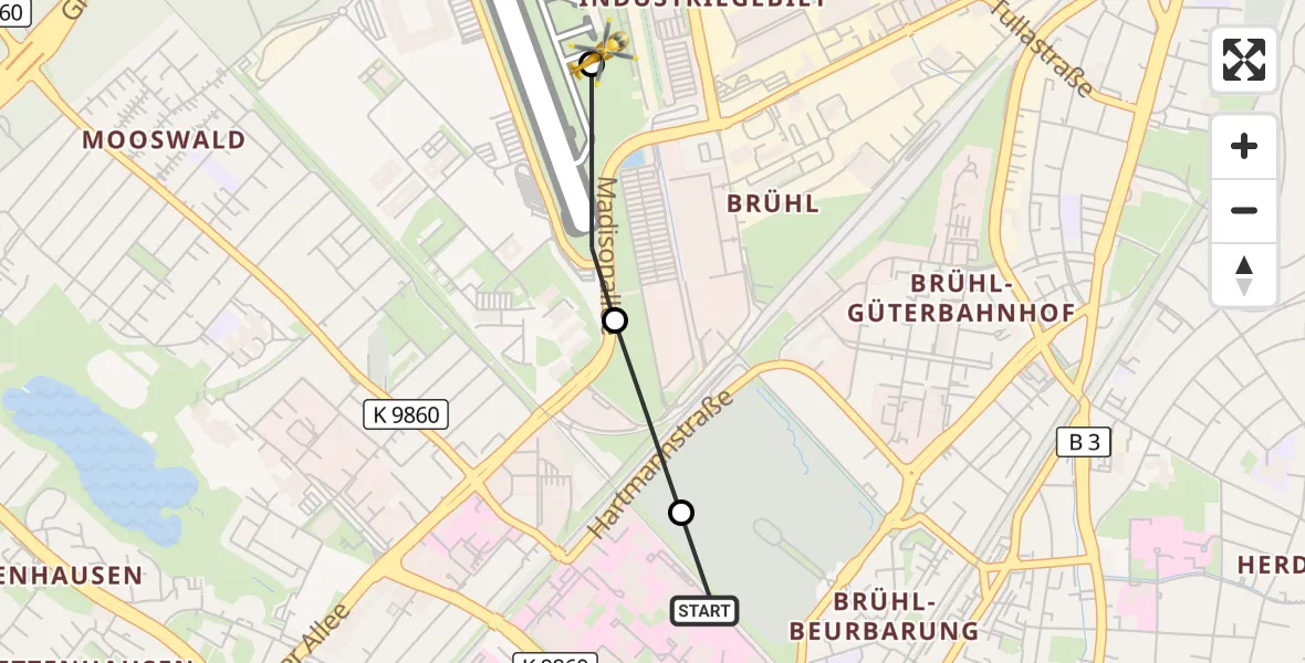 Flugroute Ambulanzhubschrauber Freiburg University Hospital Heliport 2 - Freiburg im Breisgau Flugplatz, 24 Juli 2026, 13:40