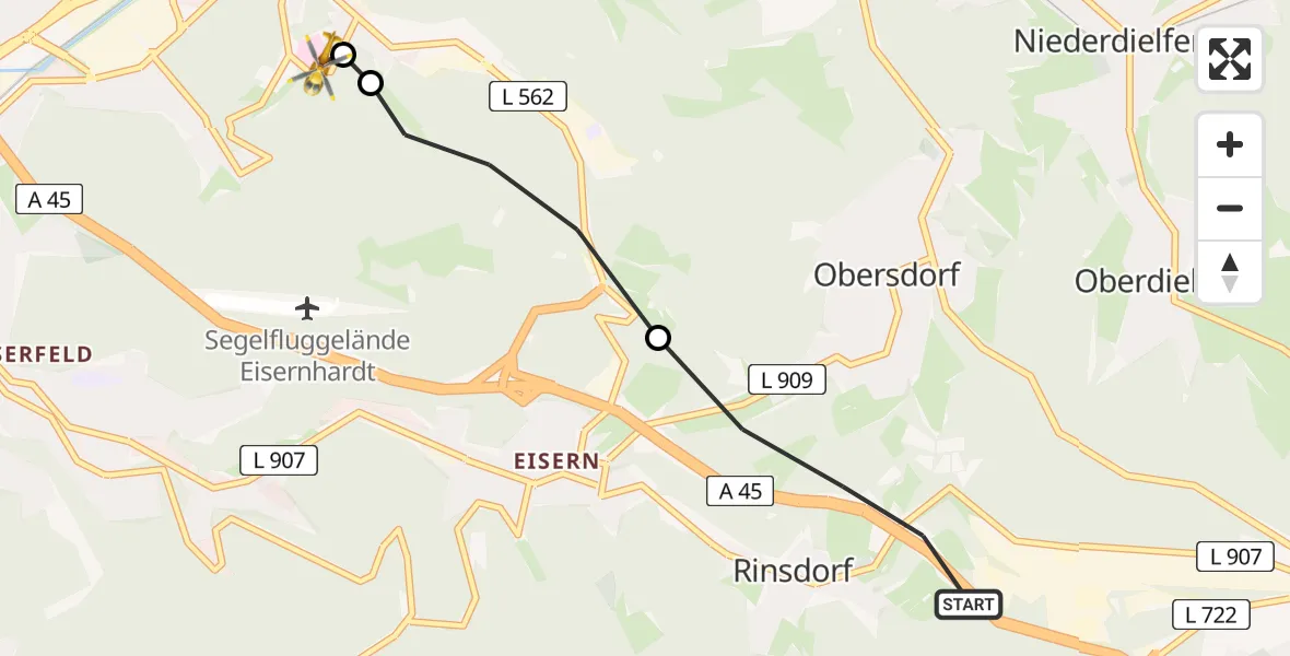 Flugroute Rettungshubschrauber Wilnsdorf - Evangelisches Jung-Stilling Hospital, 24 Juli 2026, 13:43