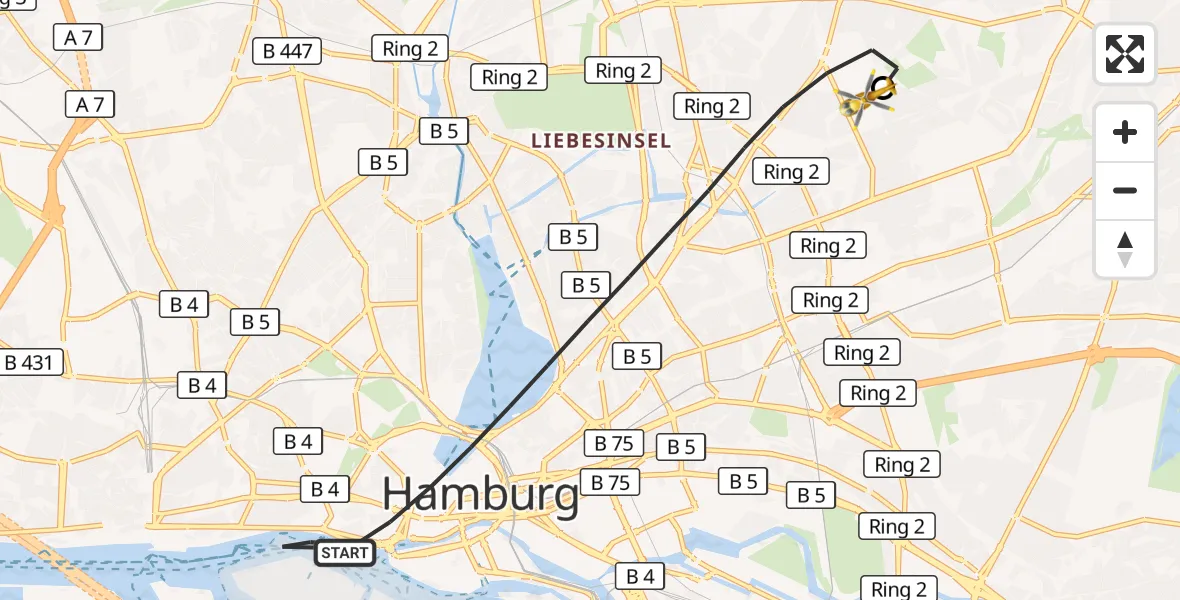 Flugroute Rettungshubschrauber Hamburg - Hamburg Military Hospital, 24 Juli 2026, 13:45