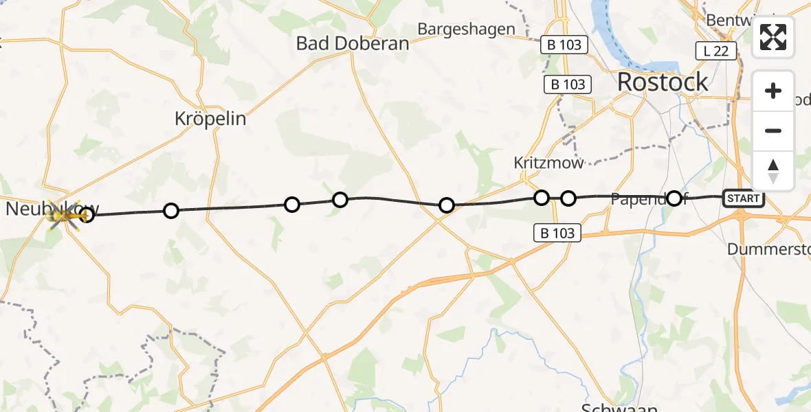 Flugroute Ambulanzhubschrauber Dummerstorf - Neubukow, 24 Juli 2026, 13:46